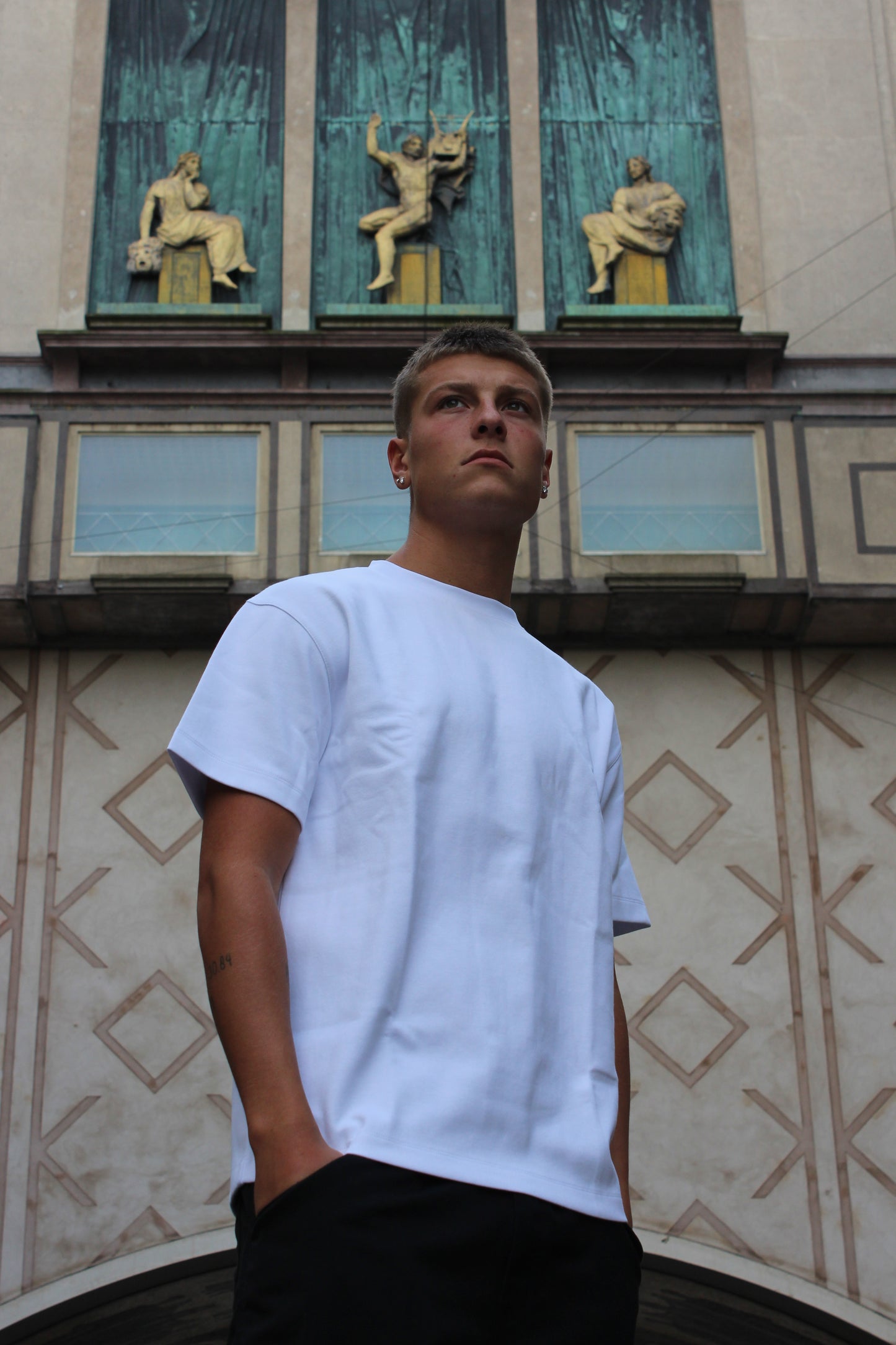 Heavyweight T-Shirt with Blue Logo - White