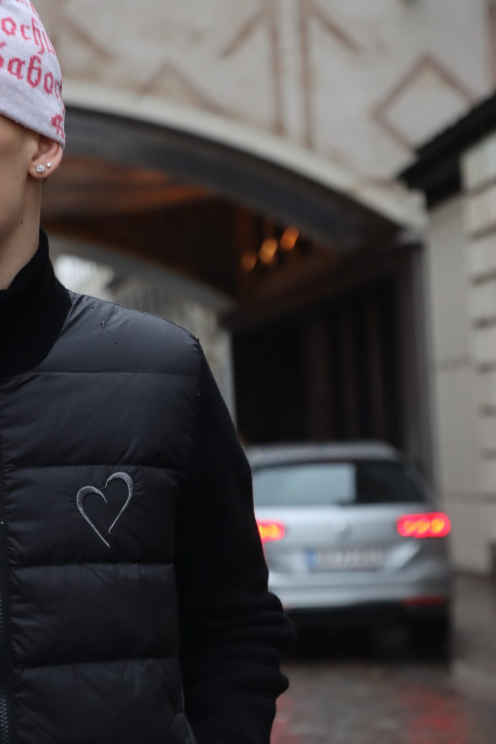 Knit Puff without Hood with Heart - Black