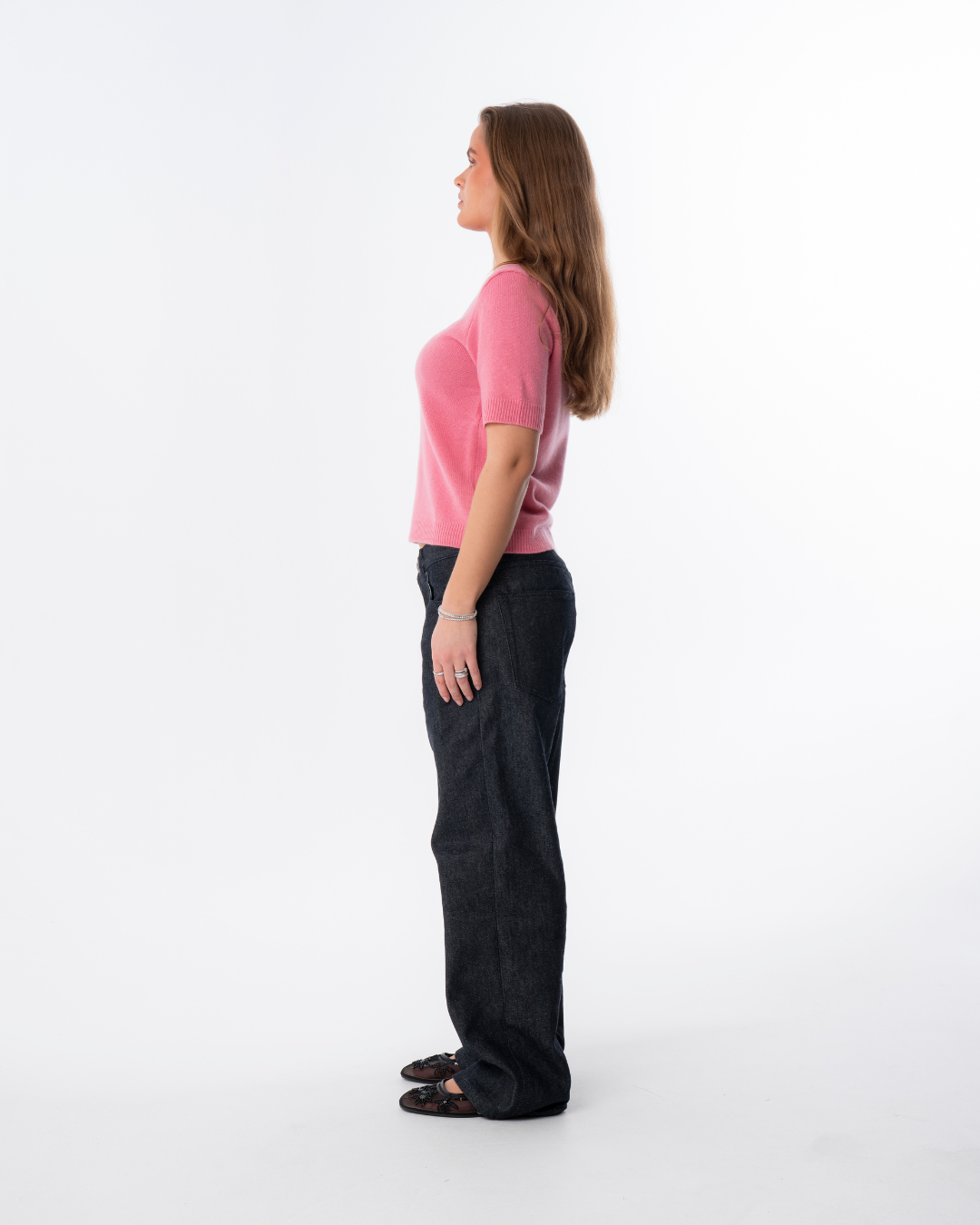 Short Sleeve Merino Knit Small Collar - Pink