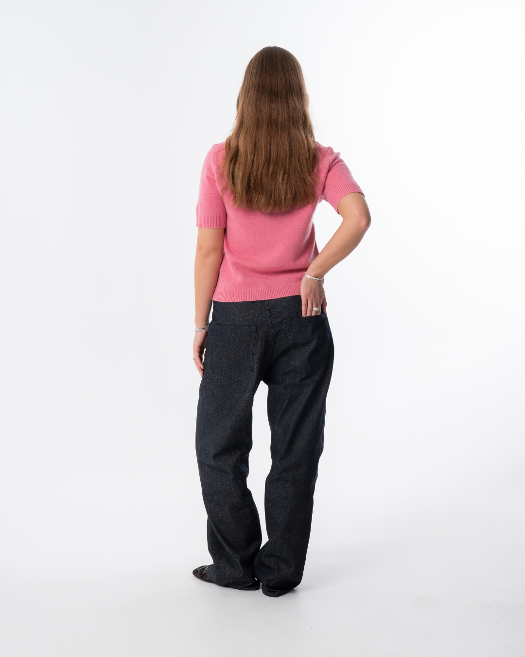 Short Sleeve Merino Knit Small Collar - Pink