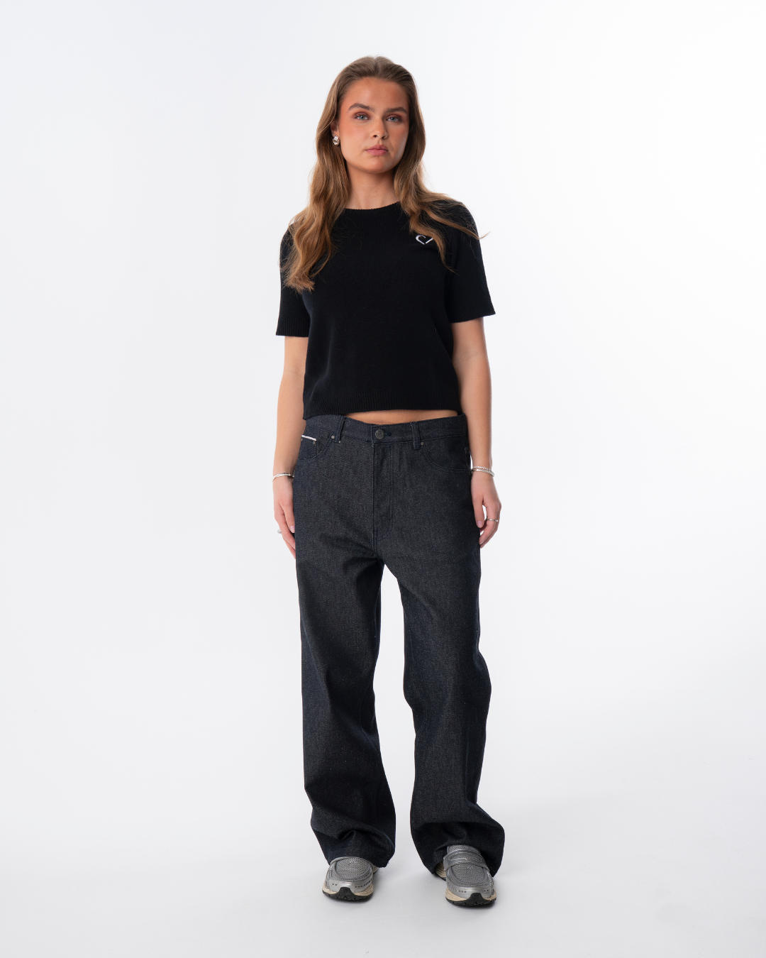 Short Sleeve Merino Knit Small Collar - Black