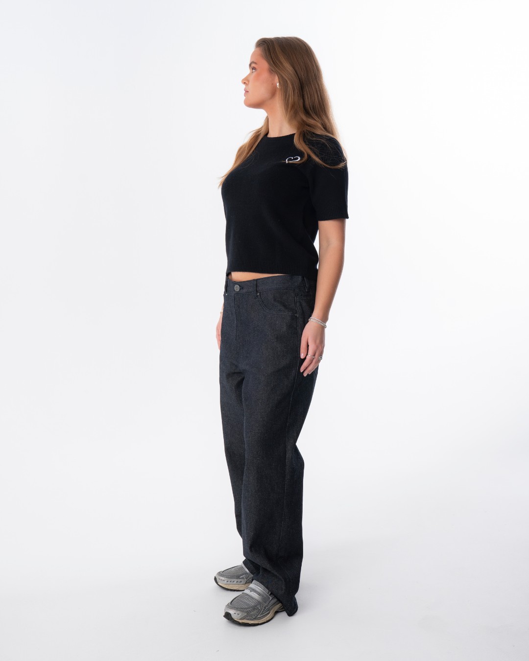 Short Sleeve Merino Knit Small Collar - Black