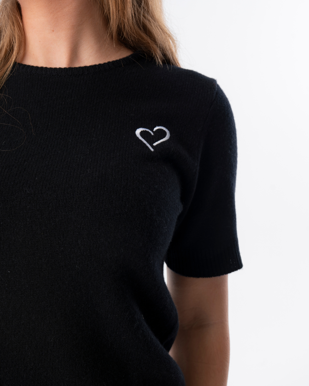 Short Sleeve Merino Knit Small Collar - Black