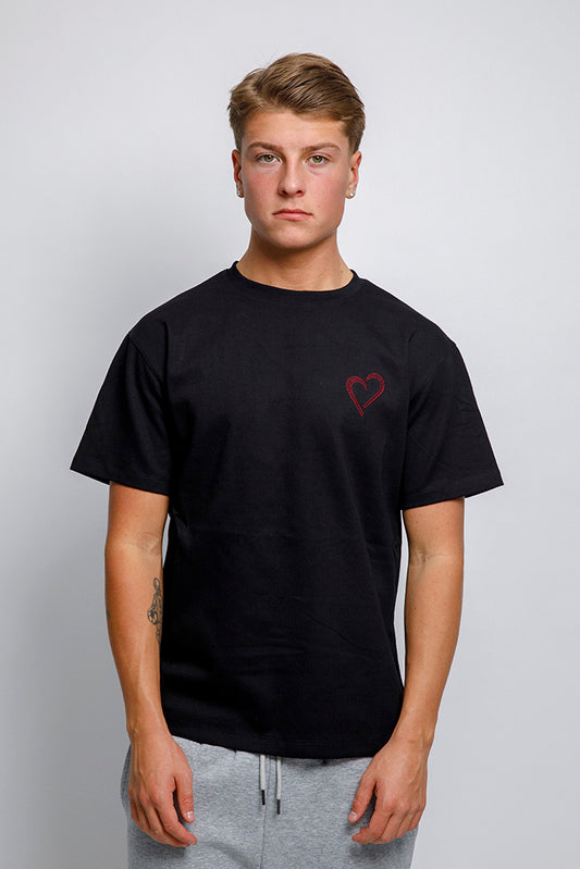 Heavyweight T-Shirt with Red Heart - Black