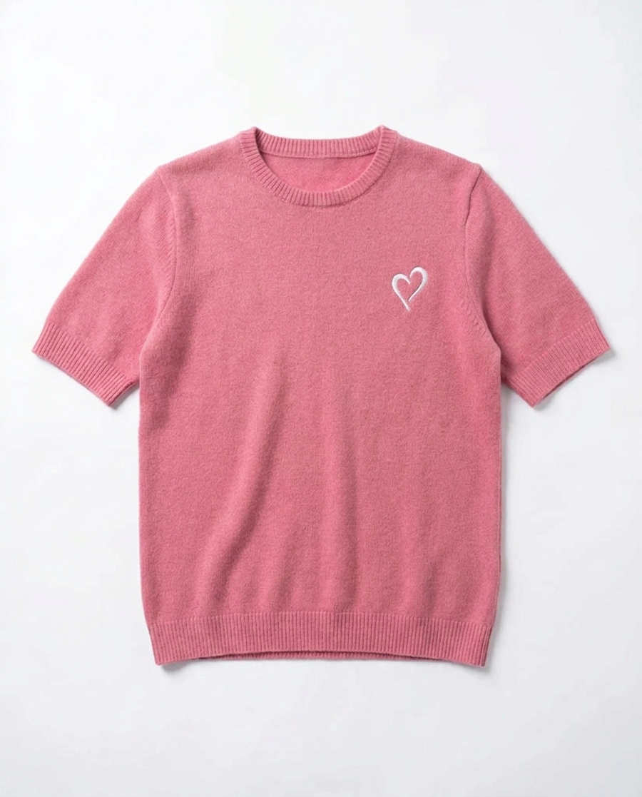 Short Sleeve Merino Knit Small Collar - Pink