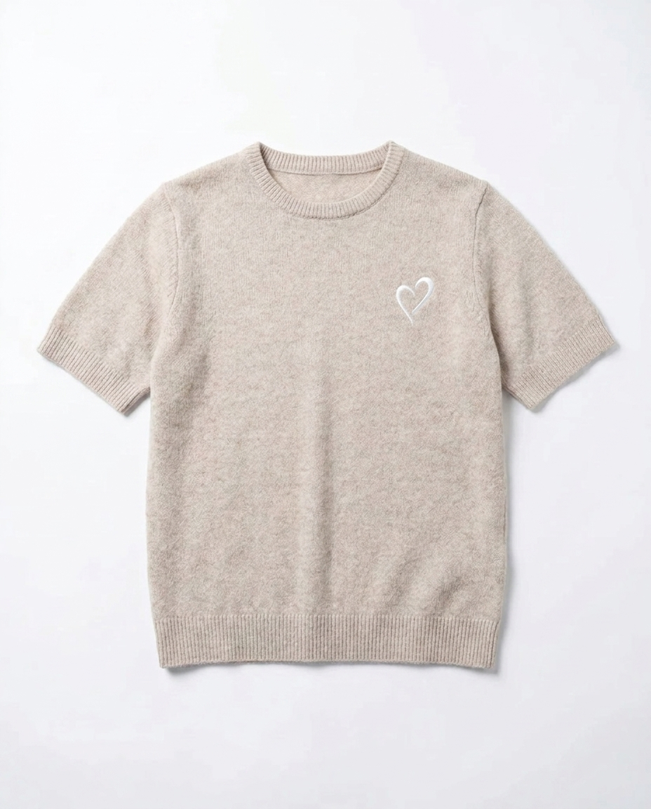 Short Sleeve Merino Knit Small Collar - Beige