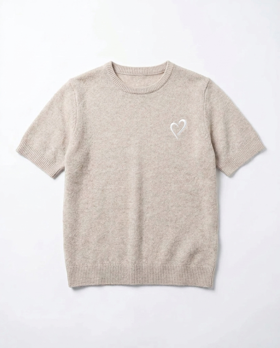 Short Sleeve Merino Knit Small Collar - Beige