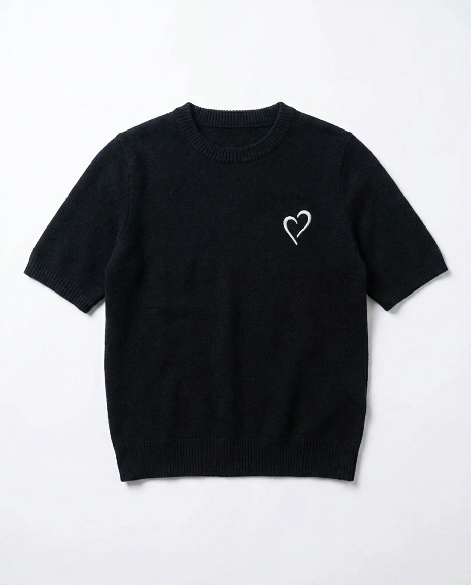 Short Sleeve Merino Knit Big Collar - Black