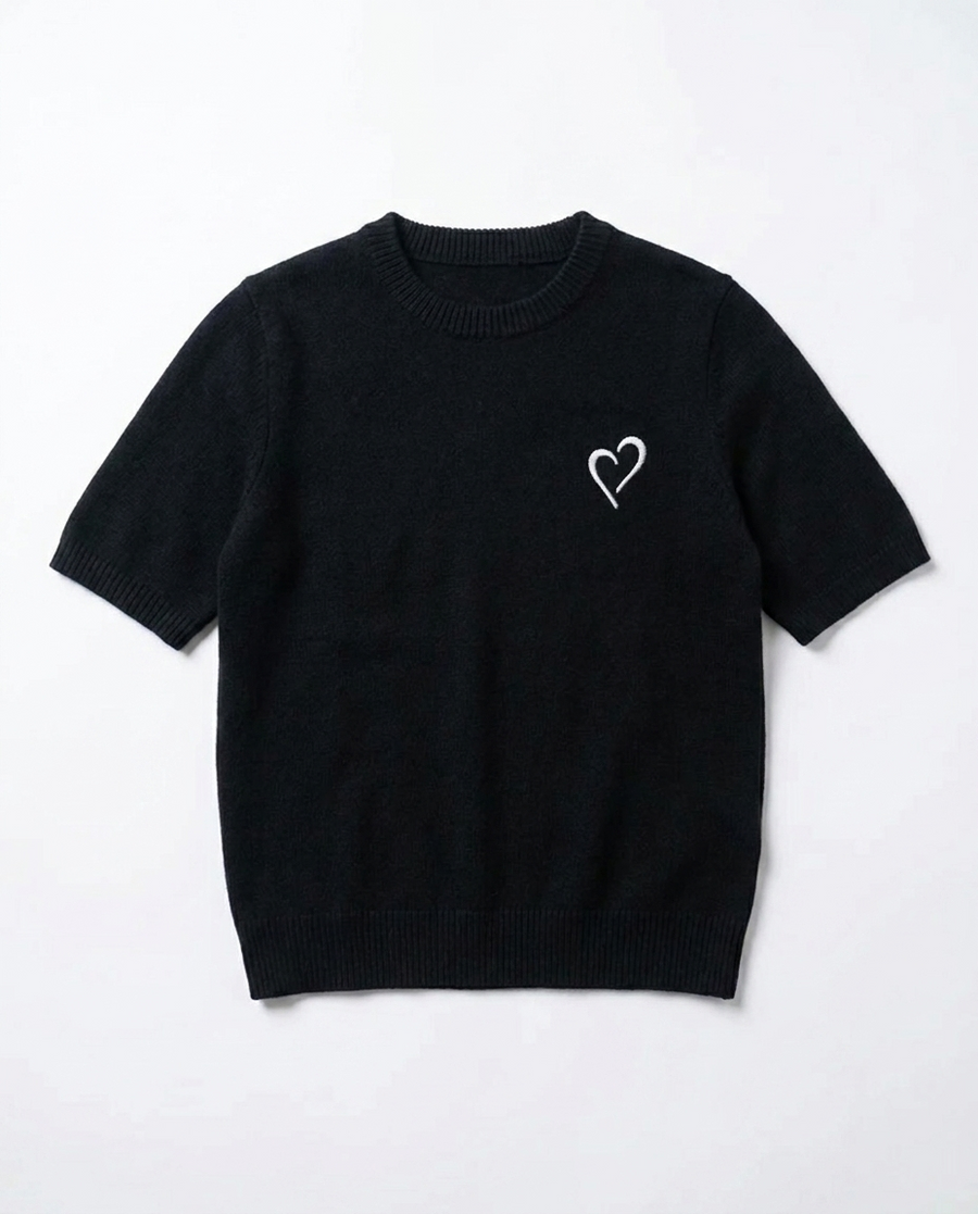 Short Sleeve Merino Knit Big Collar - Black