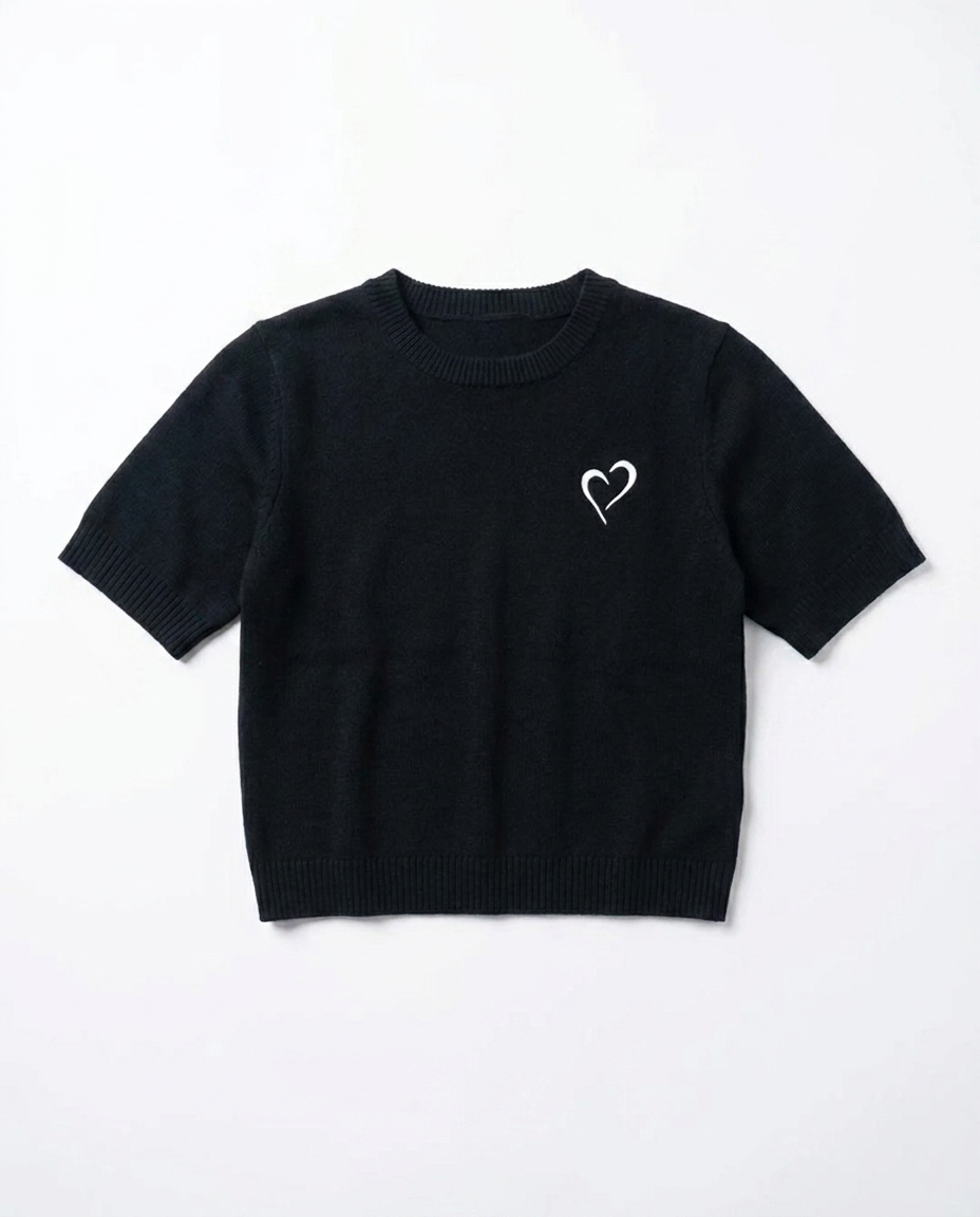 Short Sleeve Merino Knit Small Collar - Black