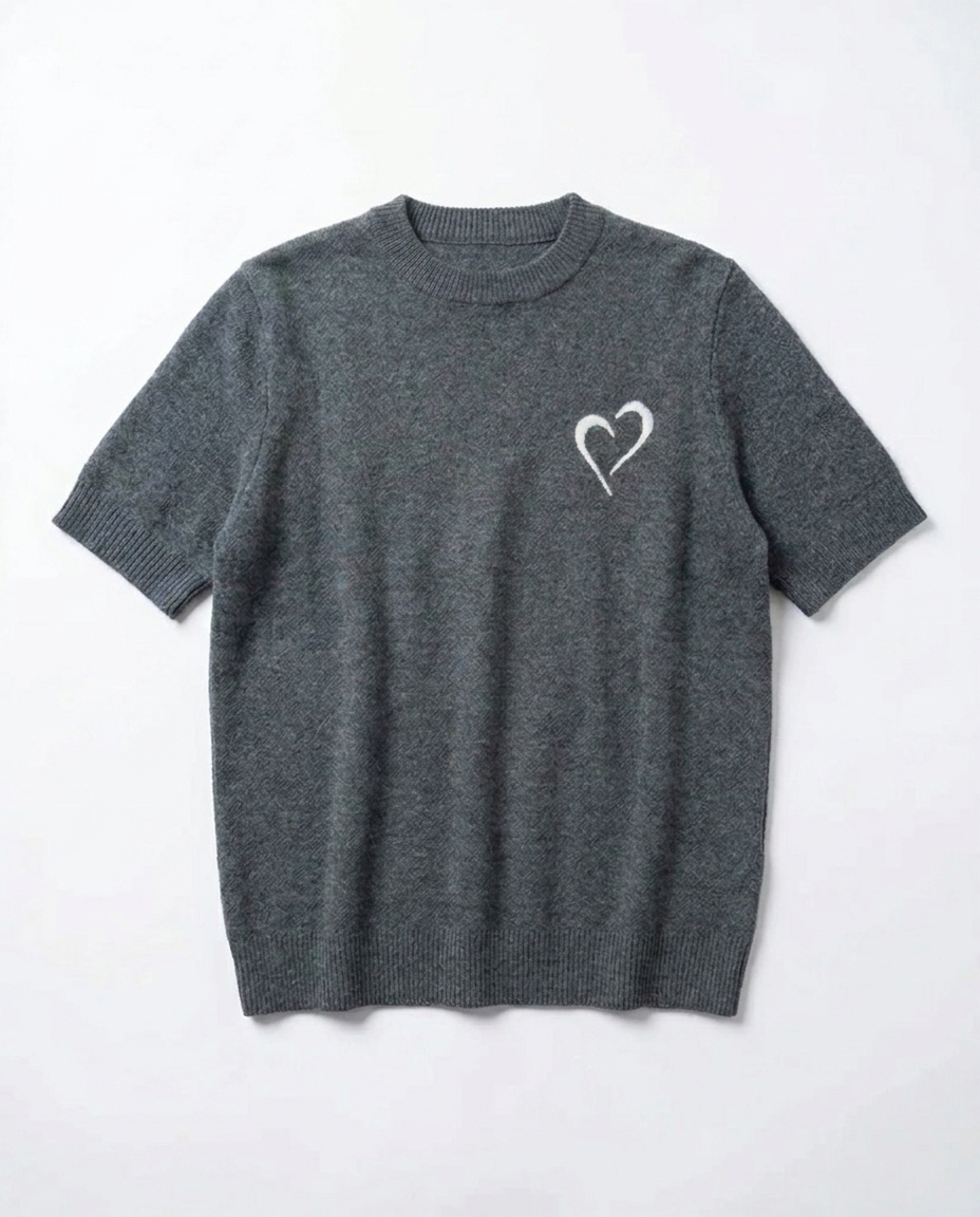 Short Sleeve Merino Knit Small Collar - Dark Grey