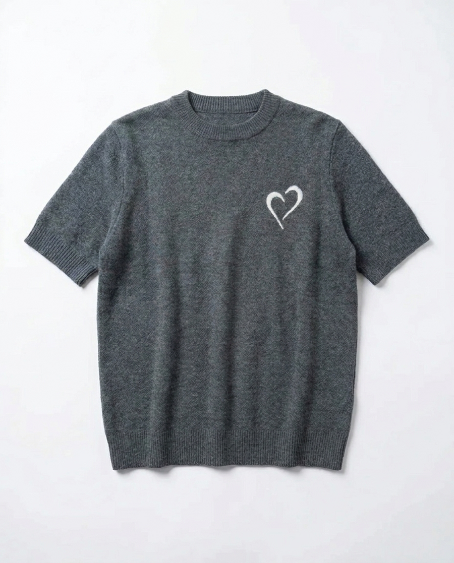 Short Sleeve Merino Knit Small Collar - Dark Grey